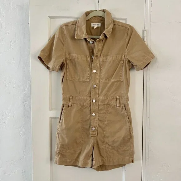 Madewell Garment Dyed Relaxed Coverall Shorts Jumpsuit Khaki Tan Size S